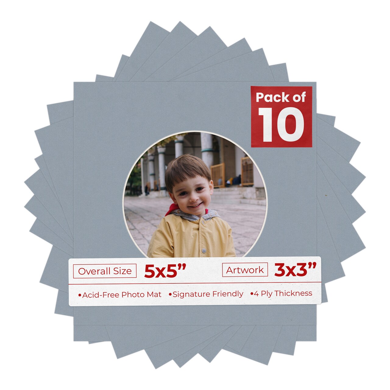 Mid Grey Mat Board for 5x5 Inch Frames - Circle Opening for 3x3 Photos